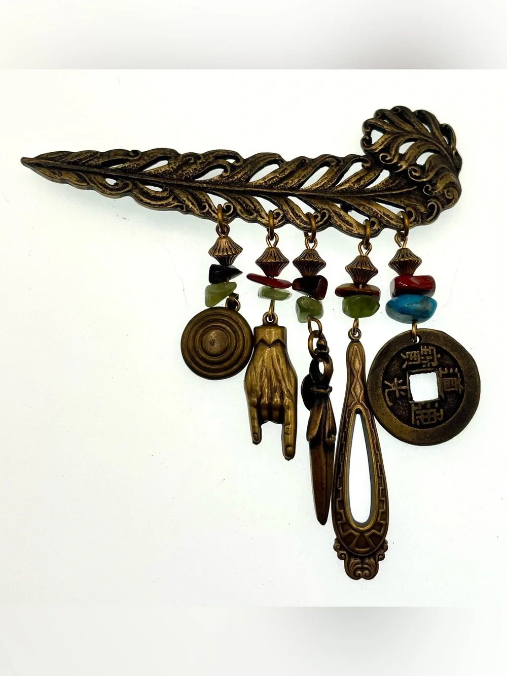 Vintage Upcycled Brass Feather Brooch Genuine Gemstone Dangles Asian Inspired